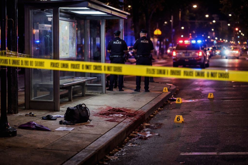 Police crime scene at a city bus stop at night with yellow police tape, evidence markers, and emergency vehicles with flashing lights nearby.