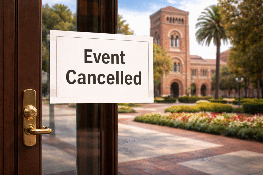 Glass door at a university entrance with an “Event Cancelled” sign taped to it, with campus buildings and landscaping visible in the background.