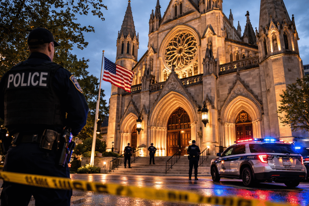 Police officers securing the entrance of a Gothic Catholic cathedral in Washington, D.C., with patrol cars and caution tape outside the church at dusk.