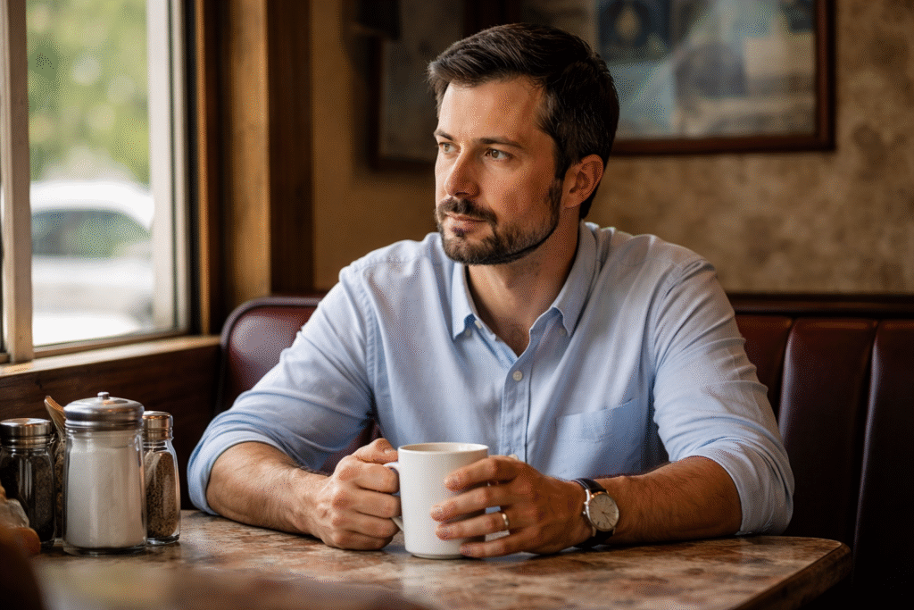 Man with short beard sitting in a diner booth holding a coffee mug and looking out a window with sunlight coming through.