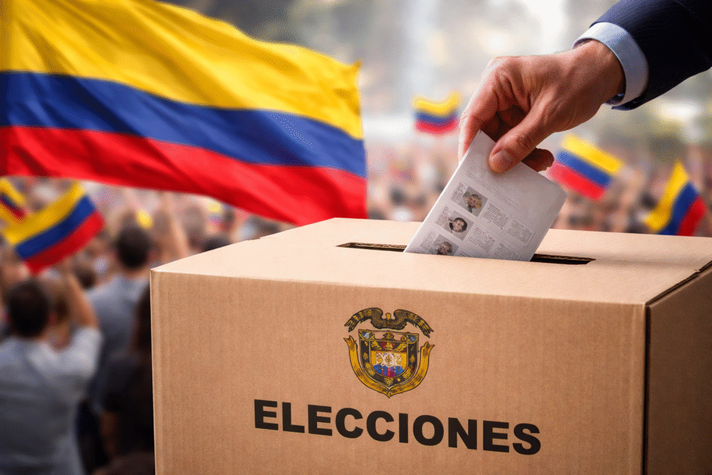 Hand placing a ballot into a voting box with the Colombian national flag and a crowd of voters in the background.
