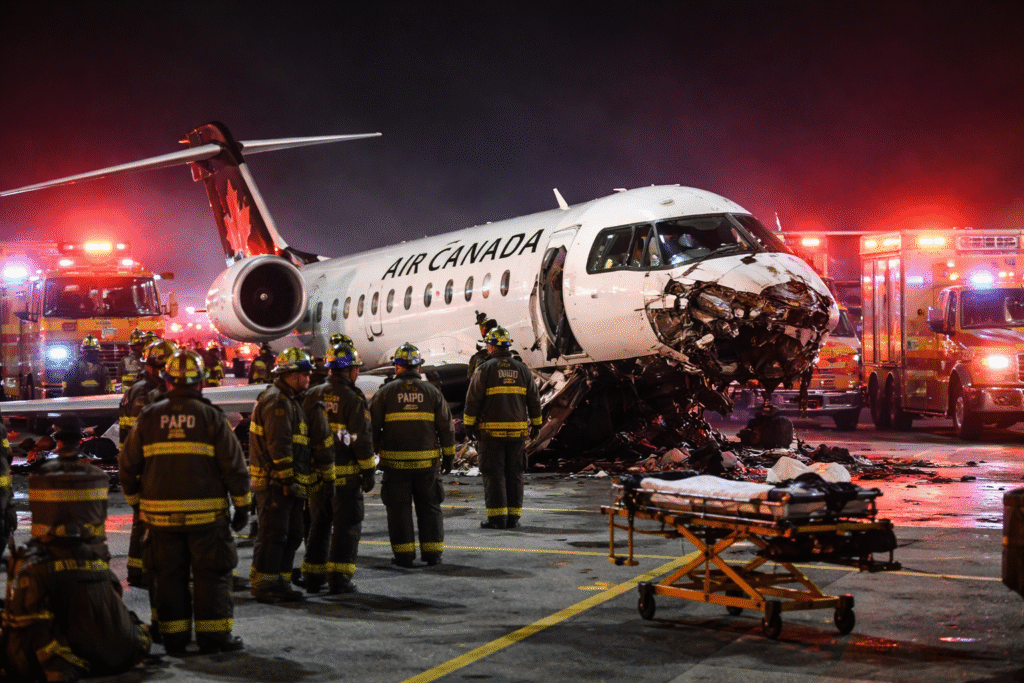 Emergency responders surround a damaged passenger aircraft with a crushed nose on an airport runway at night, with fire trucks and flashing lights illuminating the scene