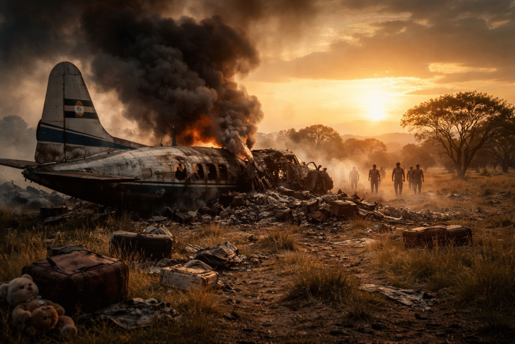 Burning aircraft wreckage in a remote African landscape at sunset, with smoke rising from the fuselage and responders approaching scattered debris and luggage.
