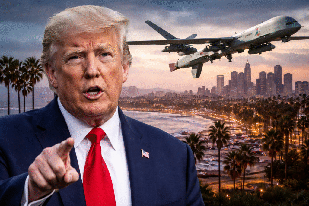 President Donald Trump speaking into a microphone aboard an aircraft while military drones fly over a coastal California city skyline at night.