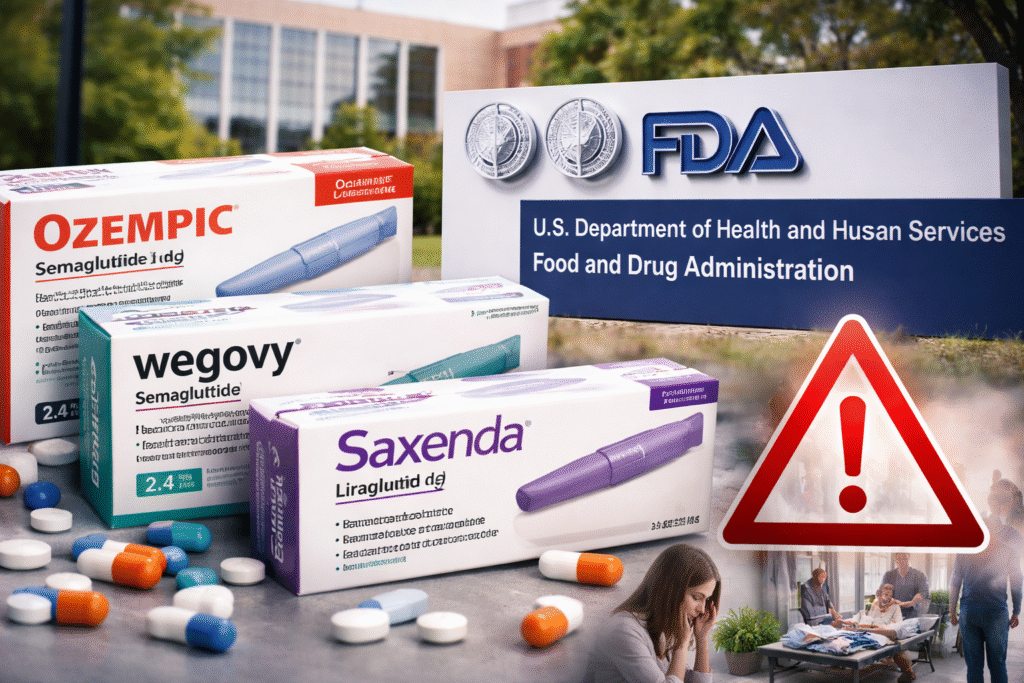 Boxes of GLP-1 weight-loss medications on a table with pills scattered nearby and a U.S. Food and Drug Administration building sign in the background.