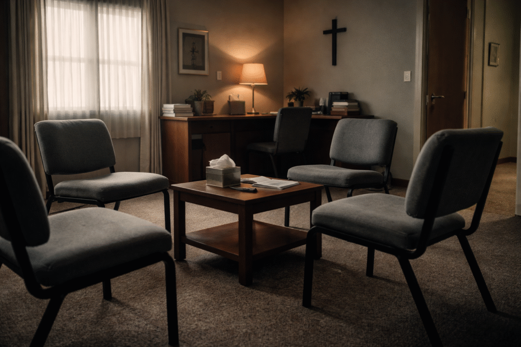 Christian counseling office with four chairs arranged around a small table holding a Bible and tissue box, with a desk, lamp, and wall-mounted cross in the background.