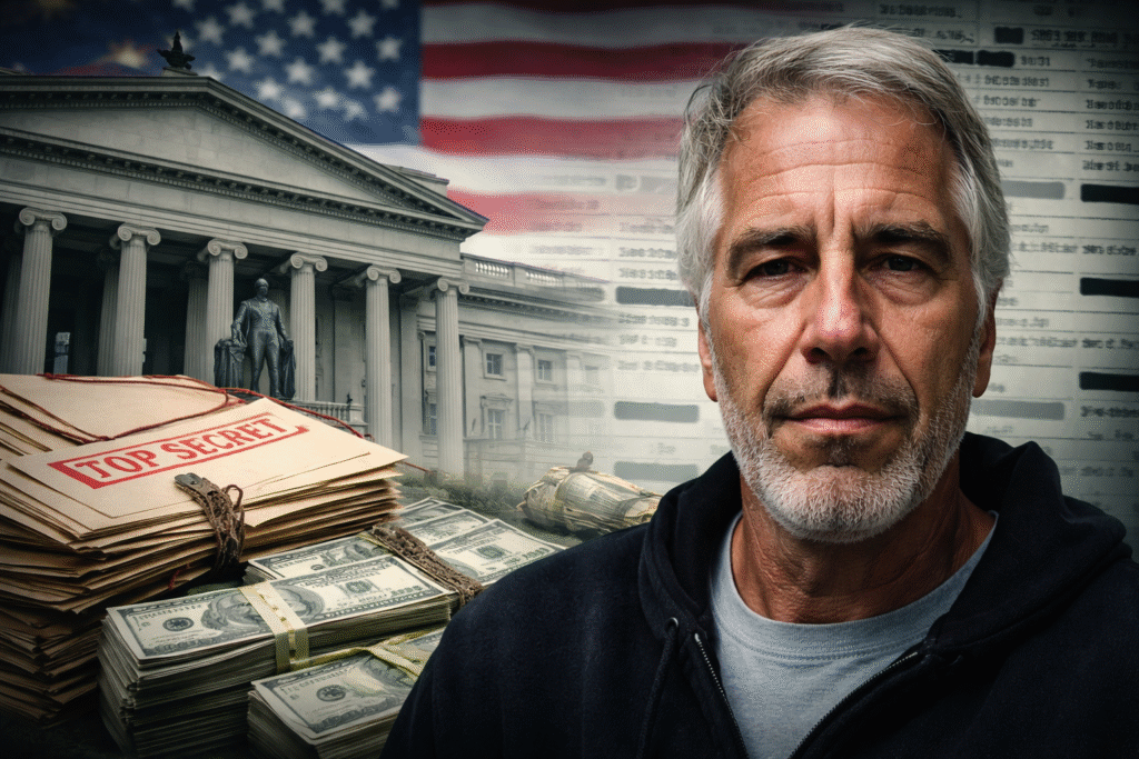 Composite news-style image showing Jeffrey Epstein in the foreground with stacks of cash and classified-style financial documents, the U.S. Treasury building and an American flag in the background, symbolizing hidden financial records and government secrecy.