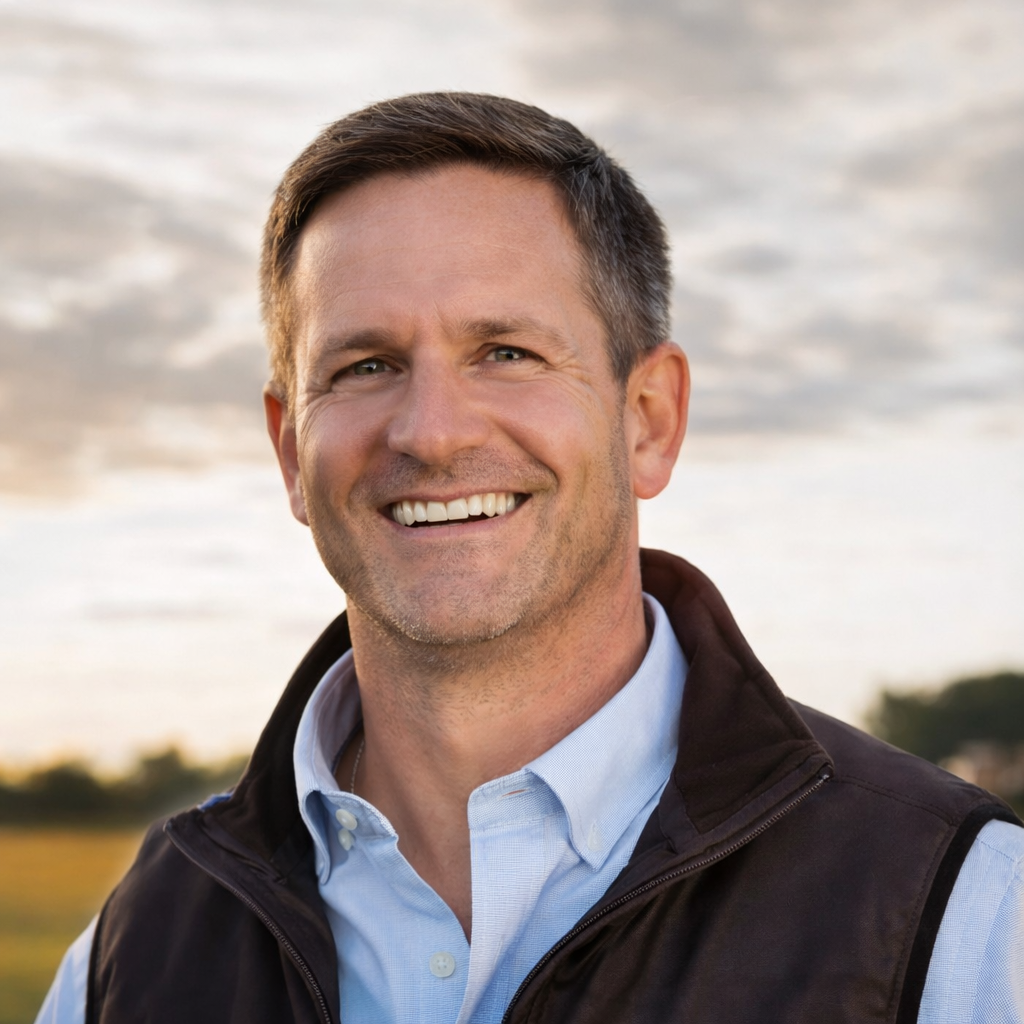 Close-up portrait of a smiling middle-aged man outdoors at sunset, wearing a light blue shirt and dark vest, with a softly blurred rural landscape in the background.