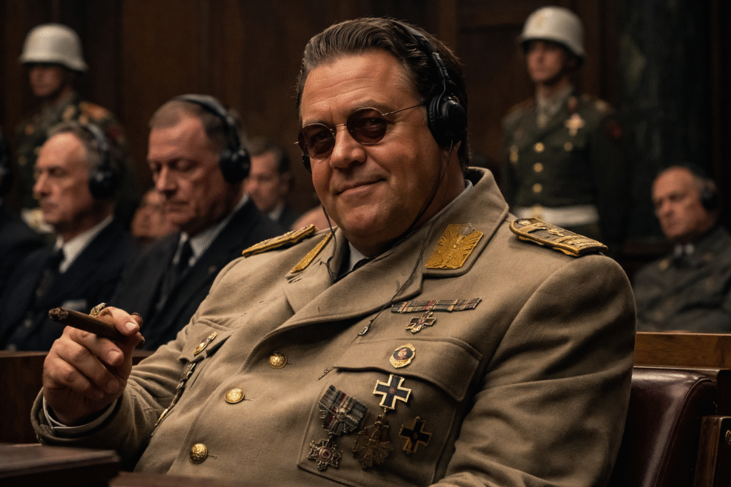 Nazi defendant seated in the Nuremberg courtroom wearing a military uniform and headphones during the post-World War II war crimes trials, with other defendants and guards visible in the background.