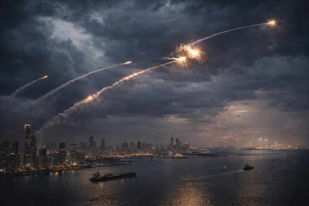 Missiles streak across the night sky above a Middle Eastern coastal city as air defense systems intercept incoming projectiles over the Persian Gulf.