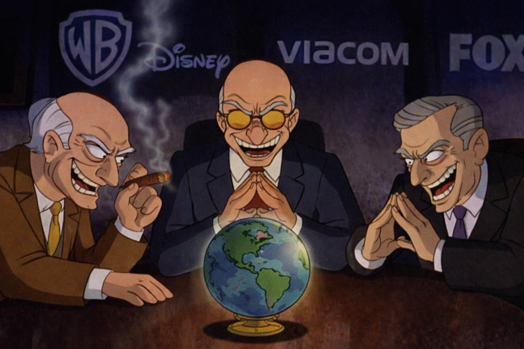 Animated scene showing three suited figures around a table studying a glowing globe, with shadowy corporate symbols in the background and a dark, ominous atmosphere