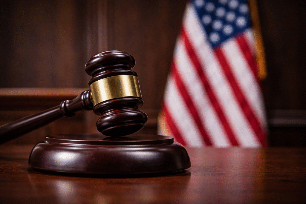 Close-up of a wooden judge’s gavel resting on a sound block with a blurred American flag in the background