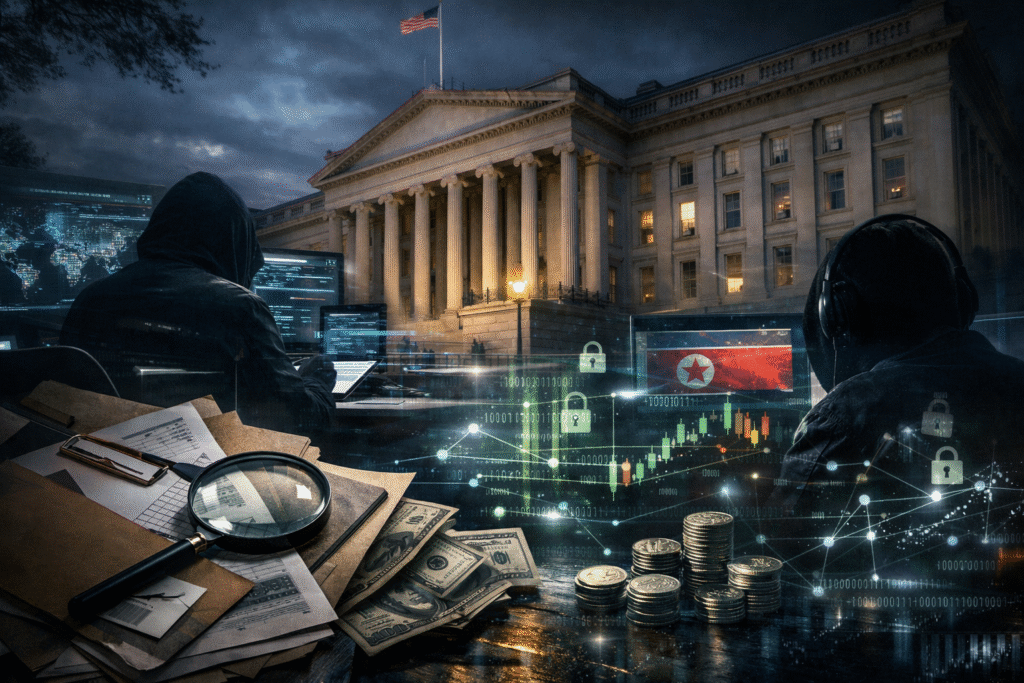 U.S. Treasury building with cybersecurity graphics, financial charts, and shadowy hacker figures representing North Korean cyber fraud and terror finance investigations.