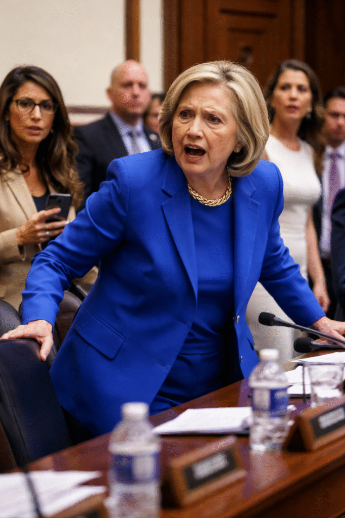 Hillary Clinton standing abruptly from a chair at a congressional hearing table, appearing visibly upset as lawmakers and staff look on inside a formal committee room.