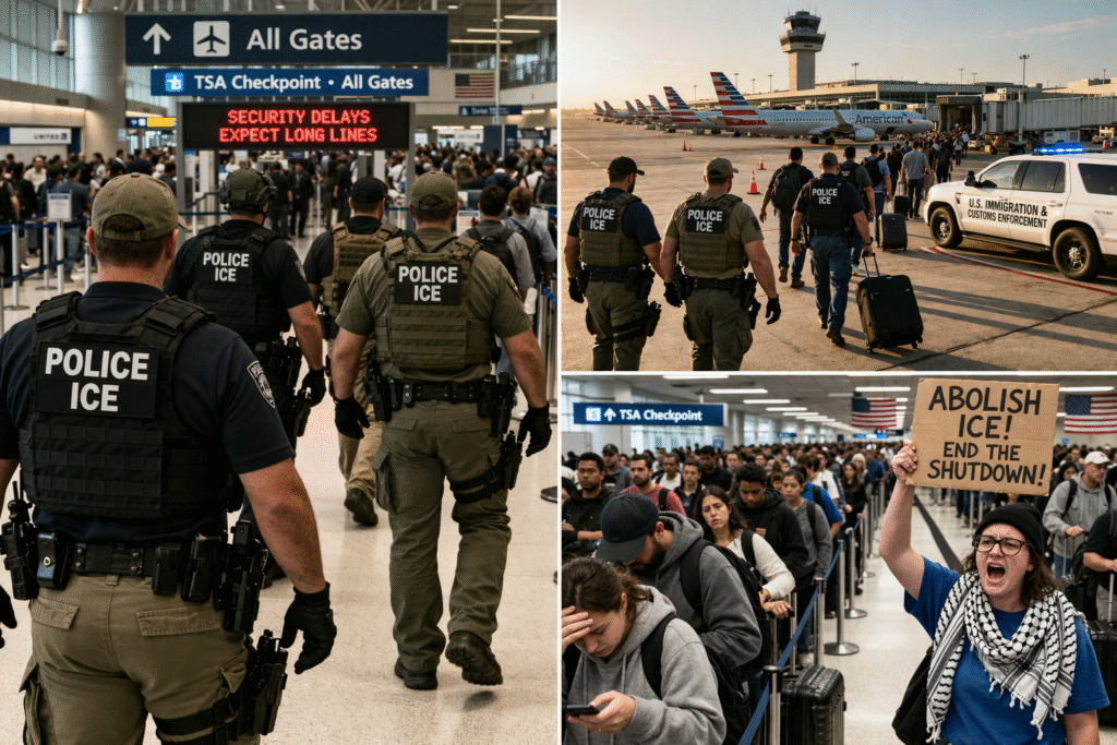 Crowded airport security checkpoint with long passenger lines as ICE officers stand nearby and a protester holds a sign during travel delays.