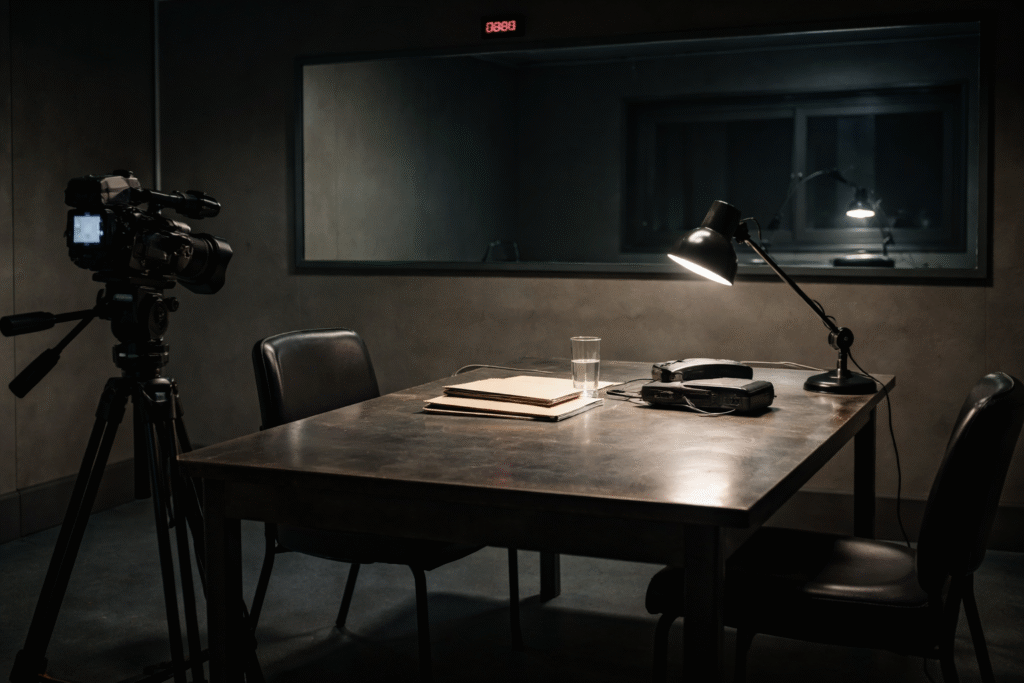 A dimly lit interrogation room with a metal table, chairs, recording equipment, and a camera facing the setup, viewed through a one-way mirror.