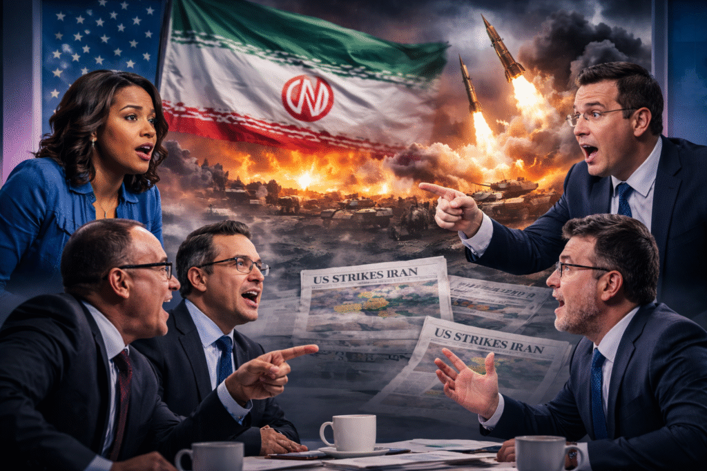 Television-style debate scene with political commentators arguing at a studio desk while missiles launch and explosions erupt behind an Iranian flag and battlefield imagery.
