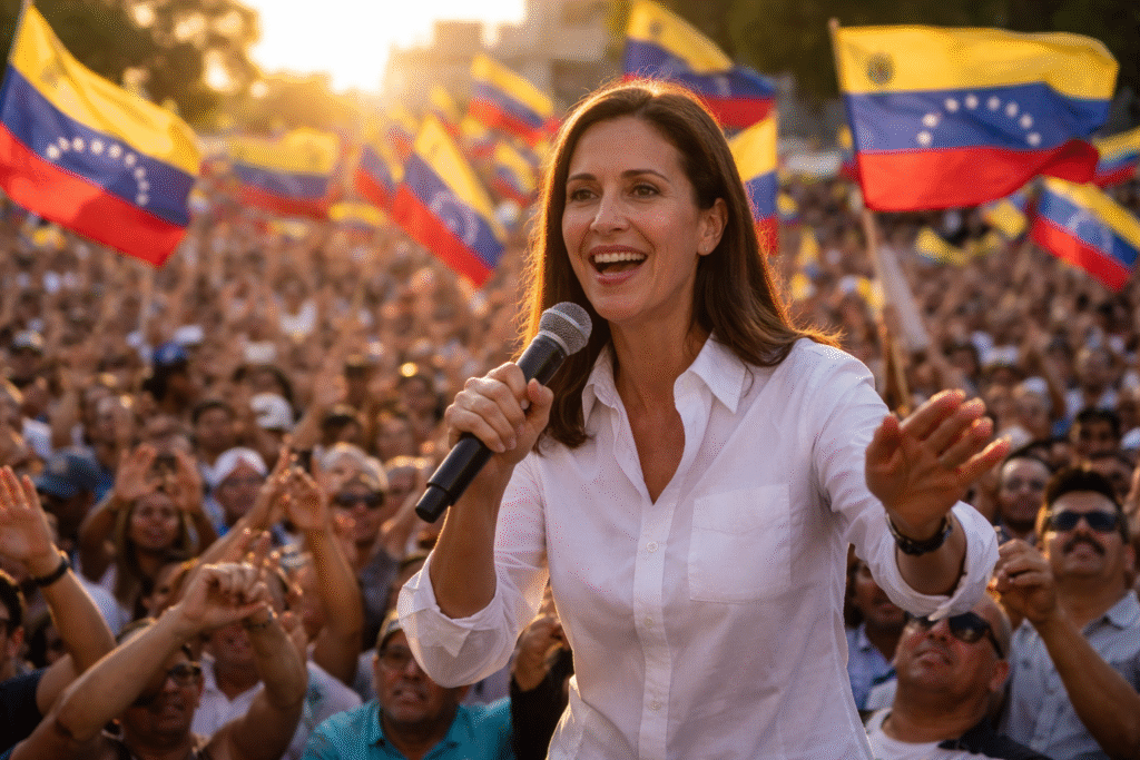 María Corina Machado speaking at a large outdoor rally with Venezuelan flags waving in a crowd of supporters.