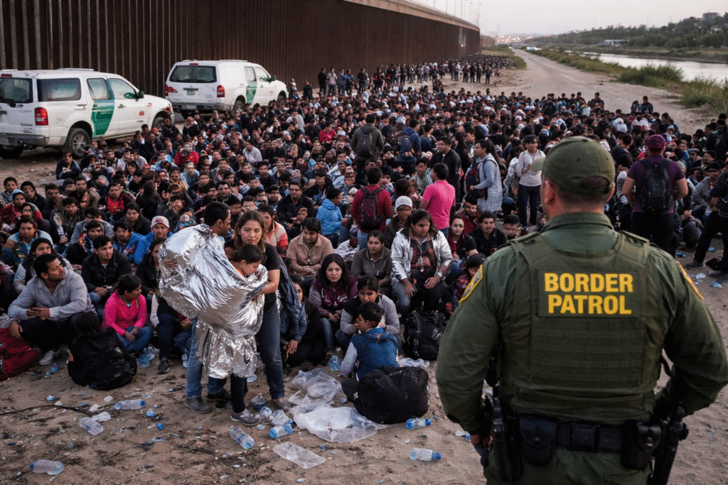 Large group of migrants gathered near a border wall at dusk with a Border Patrol agent standing in the foreground and vehicles nearby