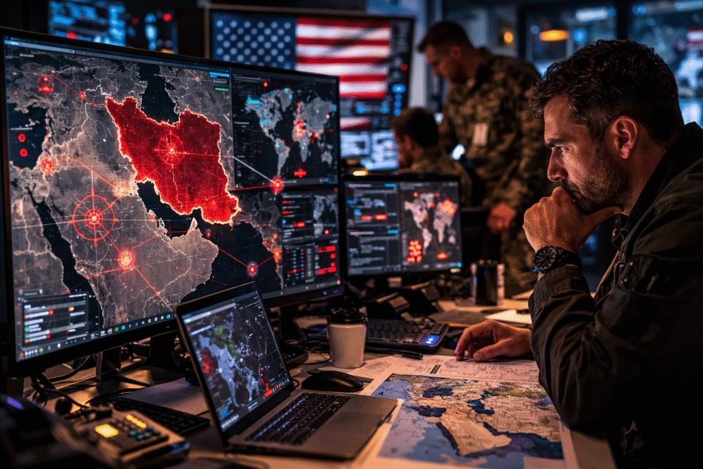 Intelligence analysts monitoring encrypted communications and Middle East maps on multiple computer screens inside a secure operations center.