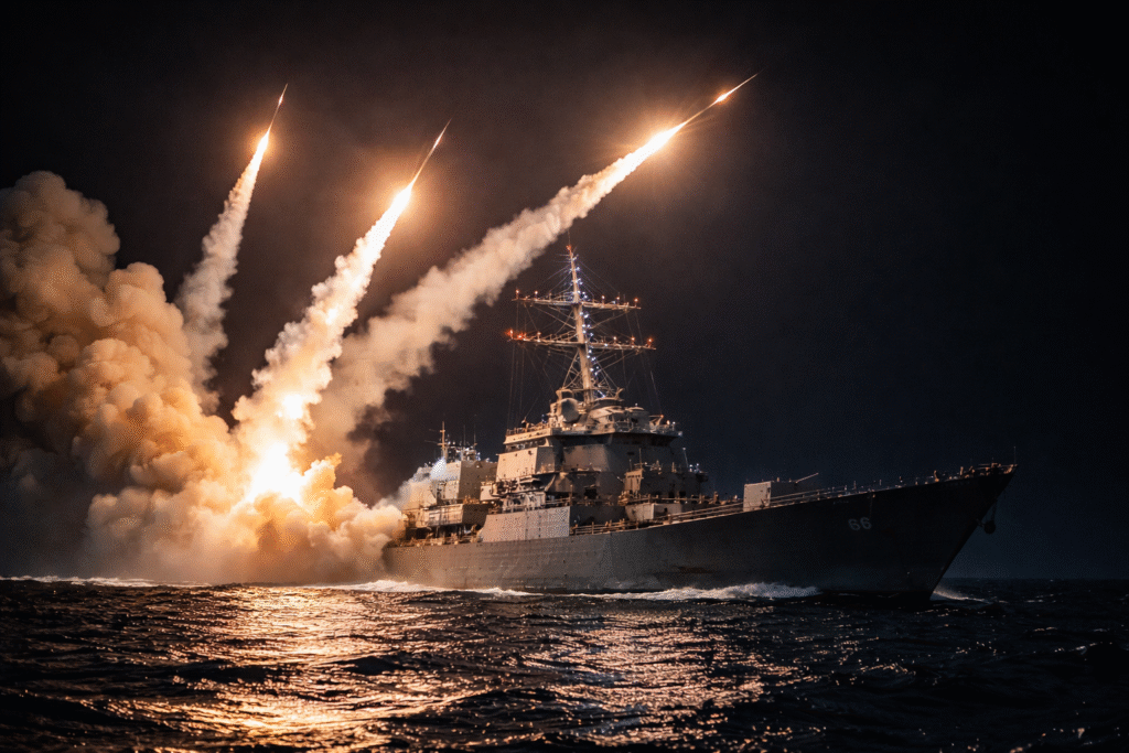 U.S. Navy destroyer launching multiple Tomahawk cruise missiles at night over open ocean during a military operation.