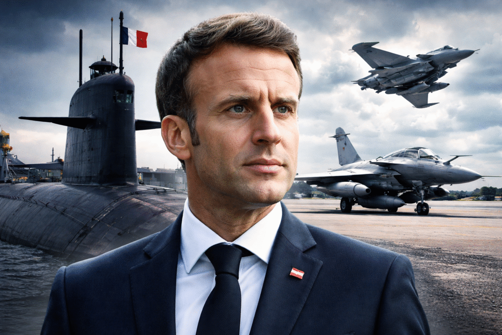 French President Emmanuel Macron in the foreground with a French ballistic missile submarine and Rafale fighter jets at a military base under cloudy skies.