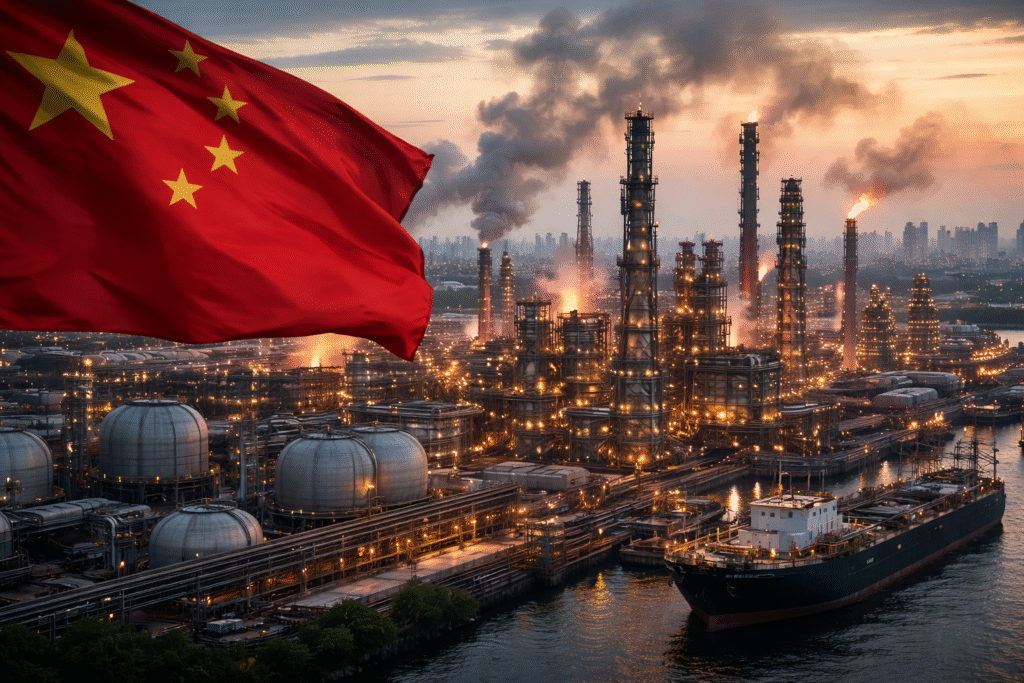 Chinese flag in the foreground overlooking a large oil refinery complex with storage tanks, smokestacks, and an oil tanker docked at an industrial port.
