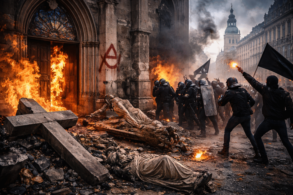 European church entrance burning with flames as riot police confront masked protesters amid vandalized Christian statues and fallen stone crosses on a city street.