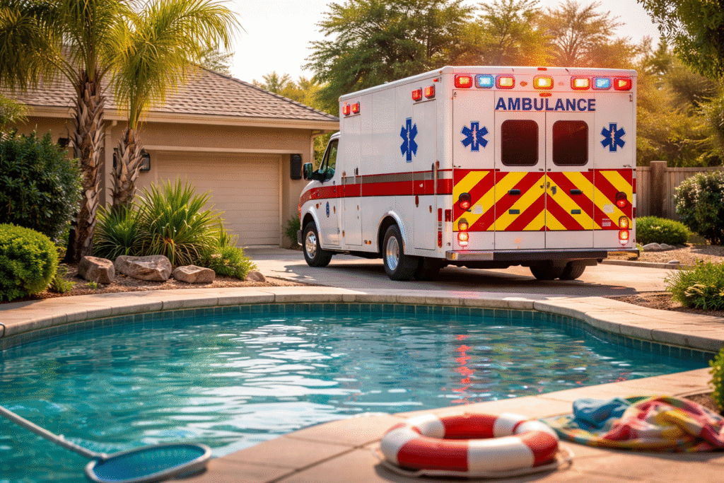 Backyard swimming pool in the foreground with an ambulance parked in the driveway of a suburban home in the background.