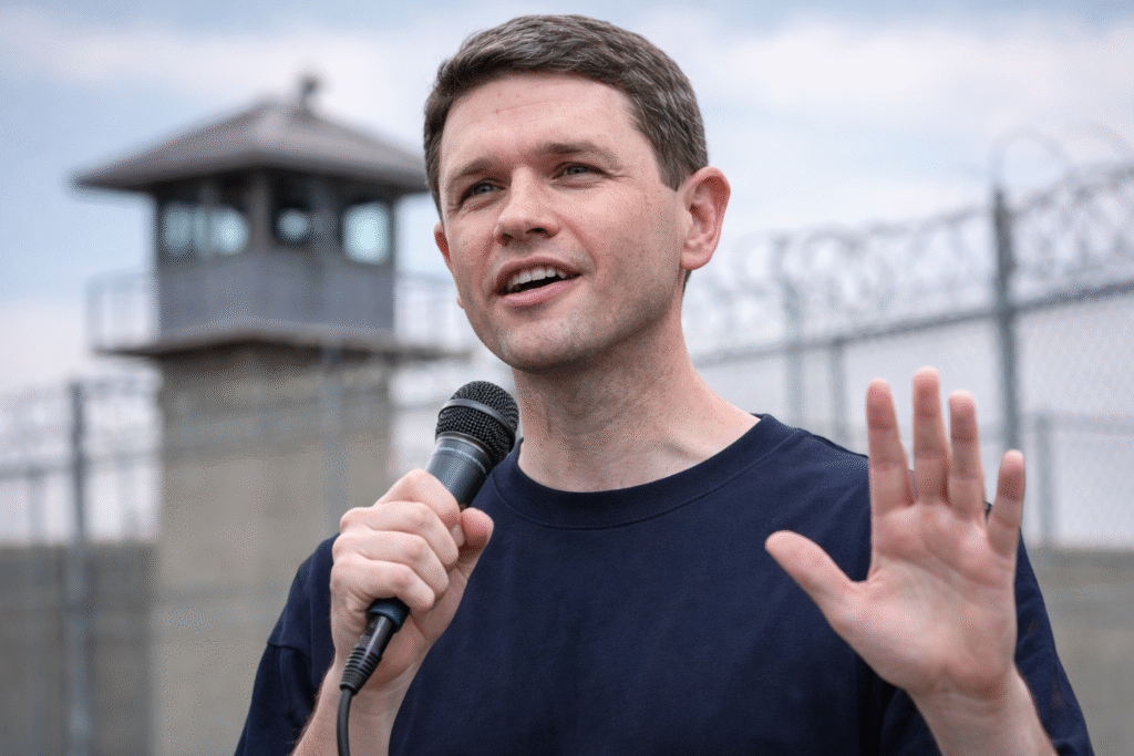 Texas state Rep. James Talarico speaking into a microphone during a public event with a prison watchtower and barbed-wire fence in the background.