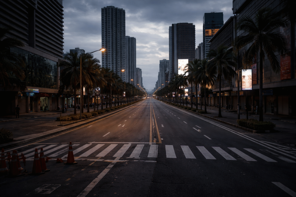 Empty multi-lane city road in the Philippines at dusk with minimal traffic, dim streetlights, palm trees lining the sidewalks, and high-rise buildings in the background, conveying reduced activity during an energy crisis.