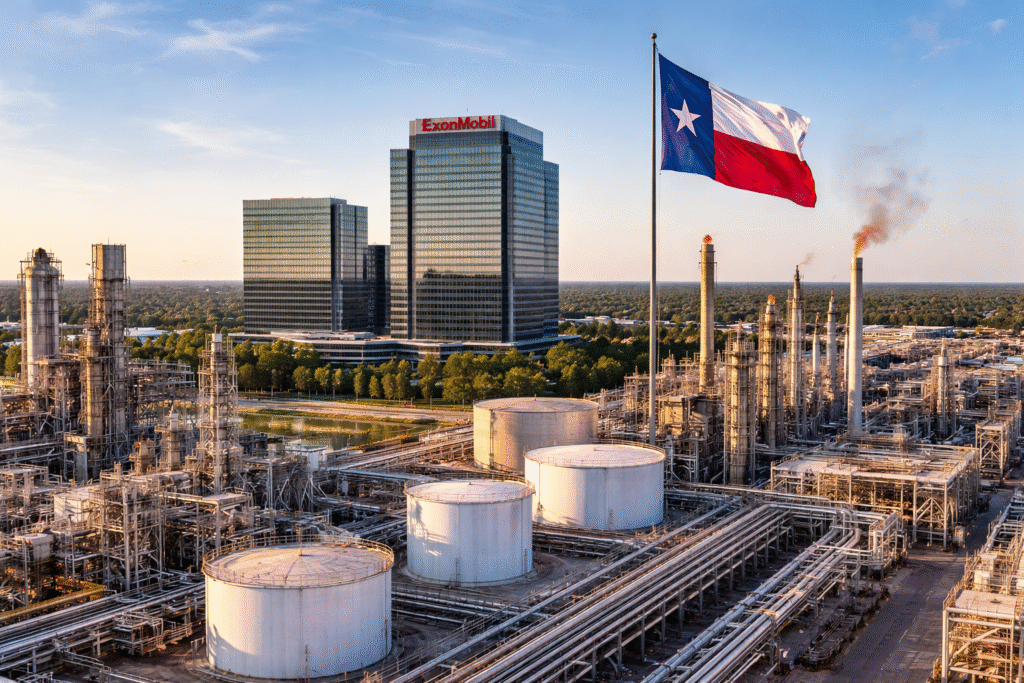 Large oil refinery complex with storage tanks, pipelines, and industrial towers beside modern office buildings and a Texas state flag, representing the oil and gas industry in Texas.