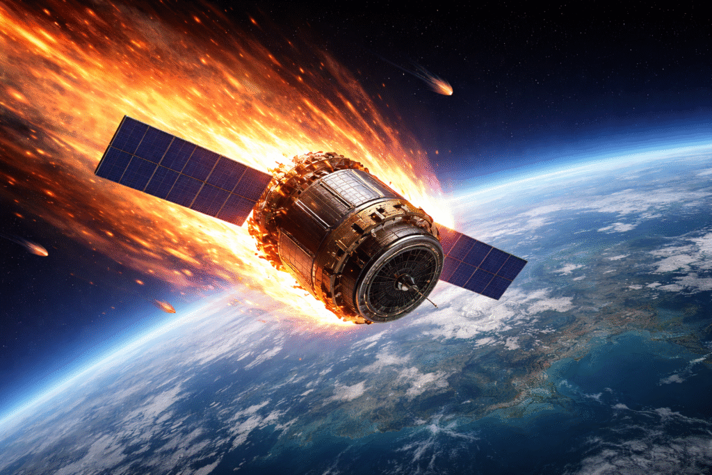 Satellite reentering Earth’s atmosphere with flames and debris trailing behind as it descends toward the planet above the curvature of Earth.