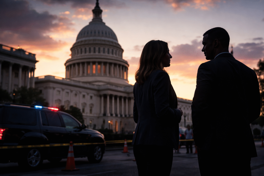 Silhouetted man and woman standing near a security vehicle in front of the U.S. Capitol building at sunset.