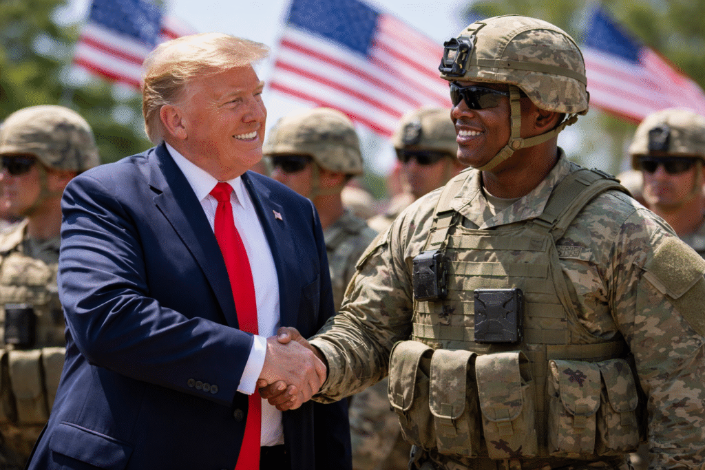 President Donald Trump shaking hands with a National Guard soldier in uniform, with additional troops and American flags visible in the background.