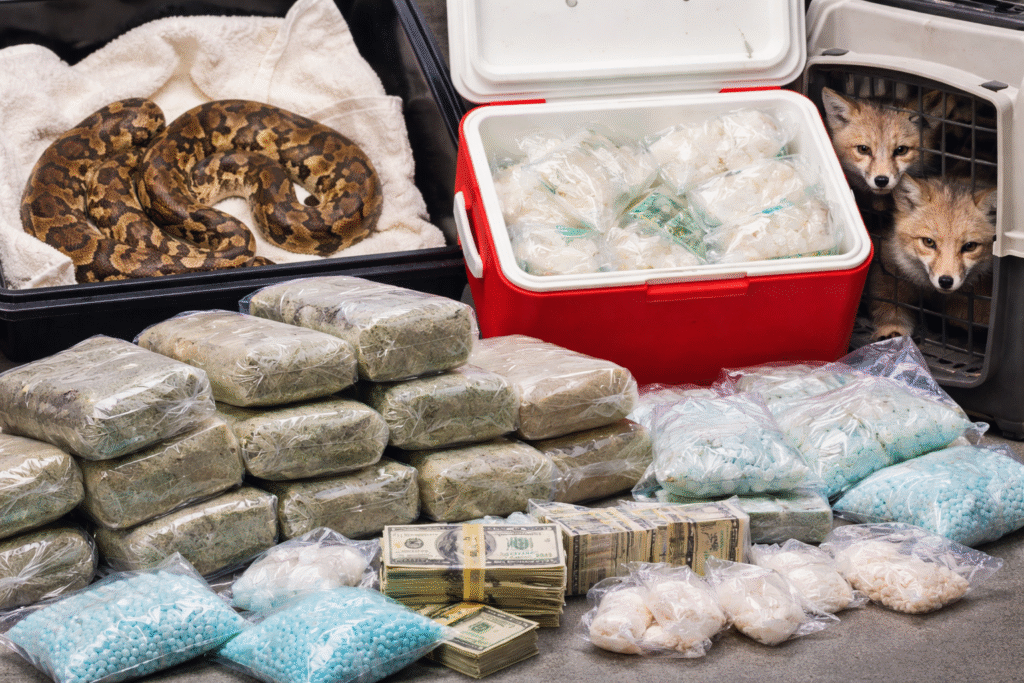 Seized drugs including packaged narcotics and pills alongside stacks of cash, with pythons in a container and foxes in a cage as part of a border enforcement display