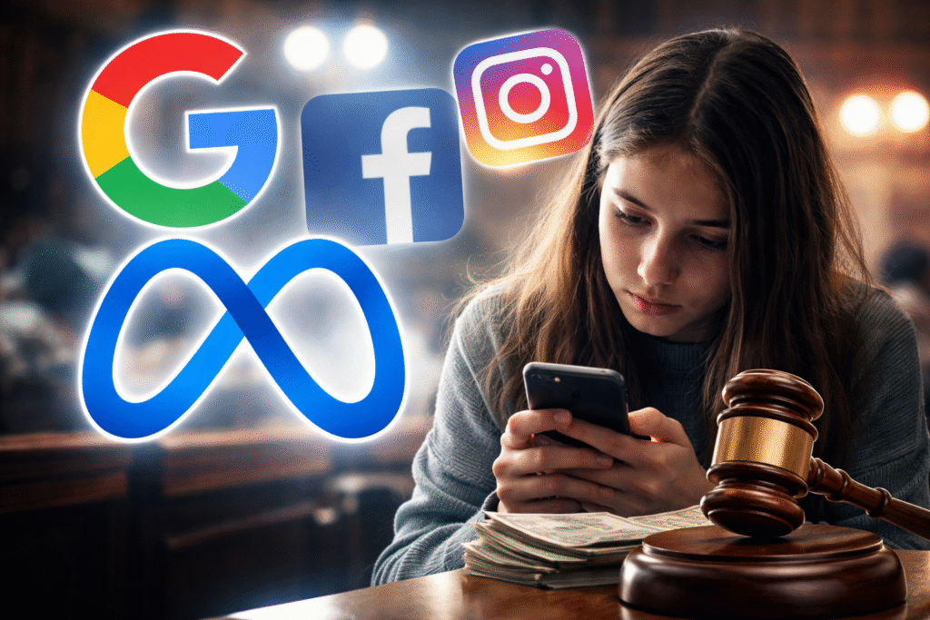 Teenage girl looking down at a smartphone with a concerned expression, with a judge’s gavel and cash in the foreground symbolizing legal action against major tech platforms over social media addiction.