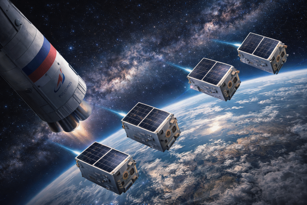 Satellites deploying from a rocket in orbit above Earth with visible communication links, representing Russia’s Starlink rival broadband network