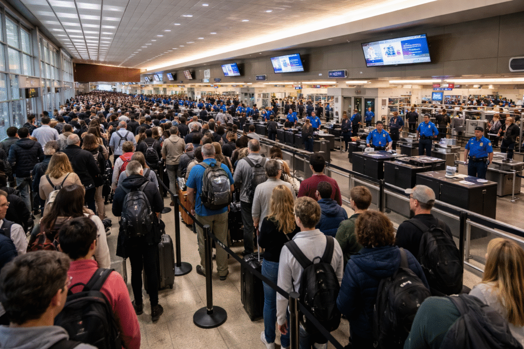 Large crowd of travelers waiting in a long security line at an airport checkpoint while TSA officers screen passengers and luggage during heavy travel demand.