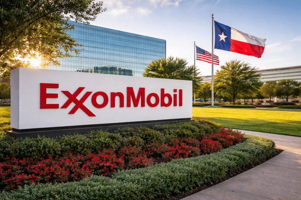 ExxonMobil sign outside a corporate office building with the Texas and American flags displayed on the company campus.
