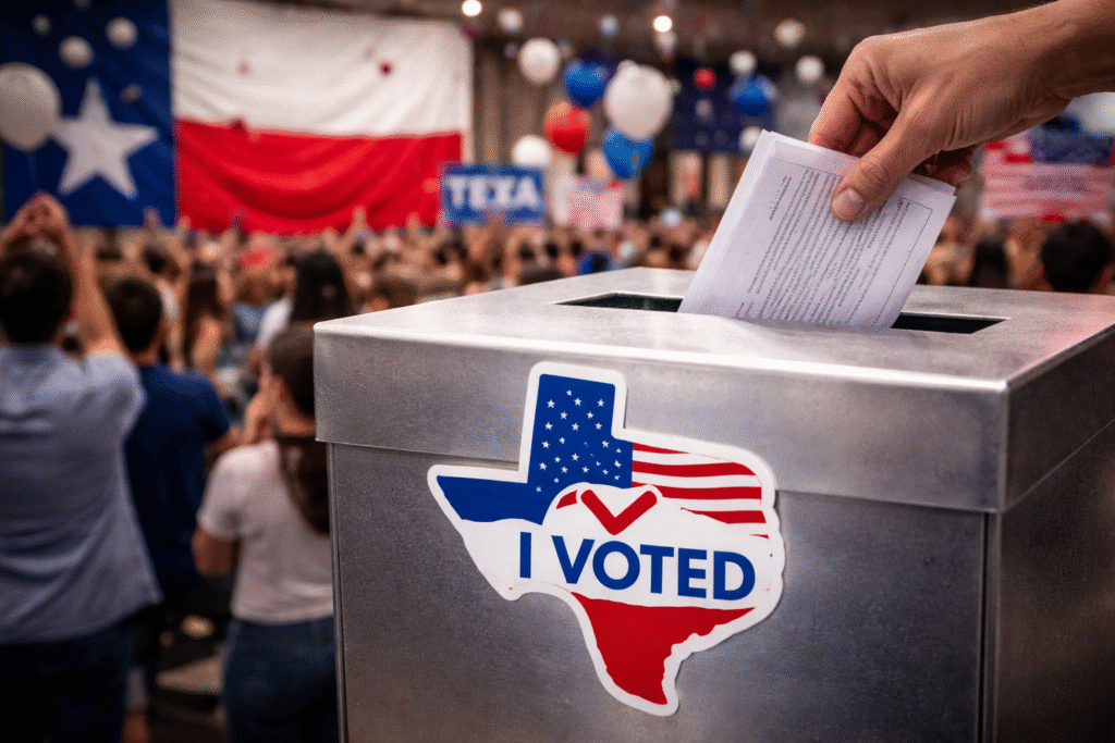Hand placing a ballot into a metal ballot box with a Texas-shaped voting sticker while a crowd and large Texas flag appear in the background at an election event.