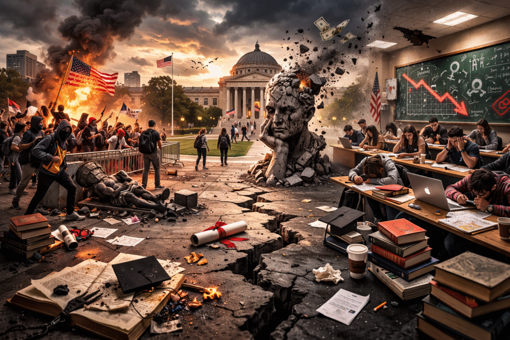 Cracked statue on a university campus surrounded by scattered books and protest scenes, with smoke rising in the background and students sitting in a classroom with declining performance indicators on a chalkboard.