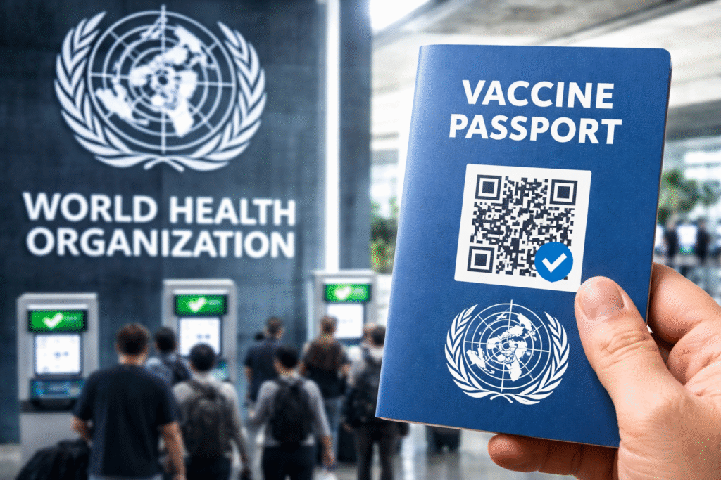 Hand holding a blue vaccine passport with QR code in an airport setting, with travelers at digital checkpoints and a large World Health Organization emblem in the background