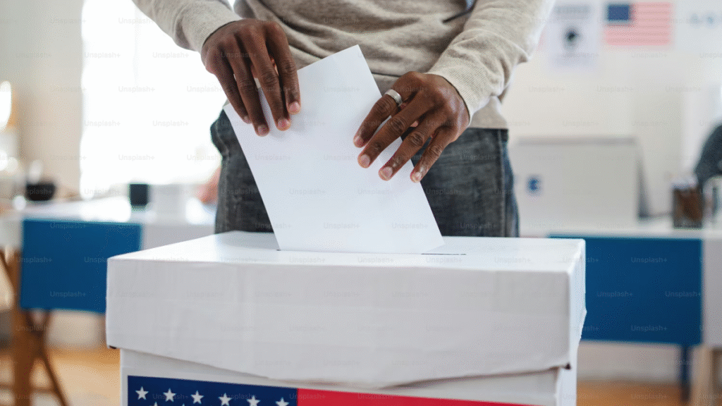 Close-up of a voter placing a paper ballot into a white ballot box at a U.S. polling station, with an American flag design visible on the front of the box.
