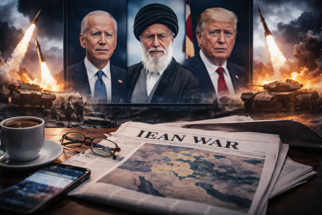 Composite scene showing missile launches, armored vehicles, and soldiers in a battlefield environment with portraits of President Donald Trump, Joe Biden, and Iran’s supreme leader displayed above a war-themed backdrop.