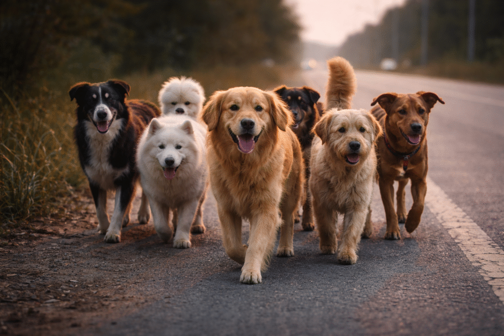 Group of dogs walking together along a roadside at dusk, moving closely as a pack in a calm outdoor setting.