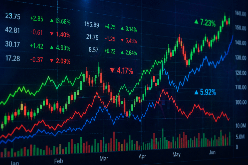 Digital financial chart displaying fluctuating stock prices with candlestick bars, line graphs, and percentage changes on a dark screen.