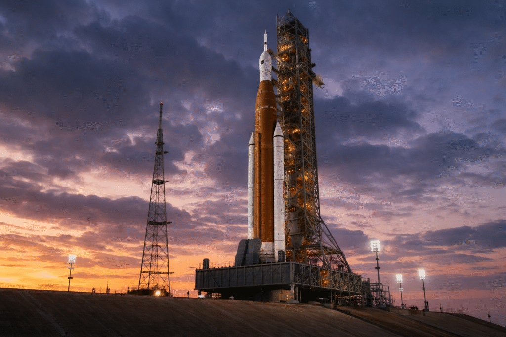 NASA rocket on launch pad at dusk with dramatic sky, representing Artemis Moon mission delays and challenges