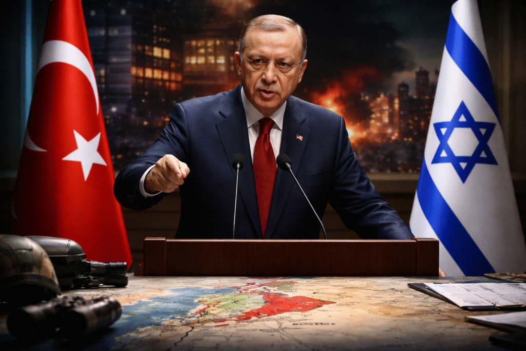 President speaking at a podium with Middle East maps and symbolic Turkish and Israeli elements indicating rising geopolitical tensions.