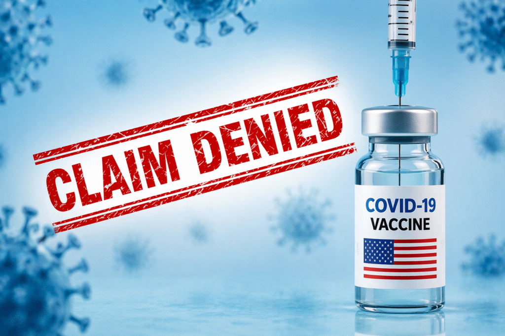 Close-up of a COVID-19 vaccine vial with syringe against a blue clinical background with blurred virus shapes, symbolizing medical claims and vaccination context.